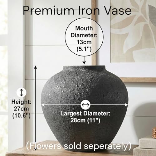 Black Large Round Vase Pottery Look for Home Decor, Arina Black Rustic Iron Vase Modern Farmhouse, Console Table Decor, Earthy Textured Metal Big Black Round Vases for Centerpieces, Jarrones Grandes RyddeligHome