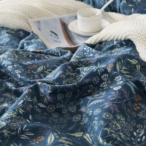 HoneiLife Duvet Cover Sets Twin - 100% Cotton Floral Comforter Cover, 2-PCS Breathable Bedding Set with Zipper Closure & Corner Ties, Wildflower Duvet Cover for All Season Use,Blueblack, King HoneiLife