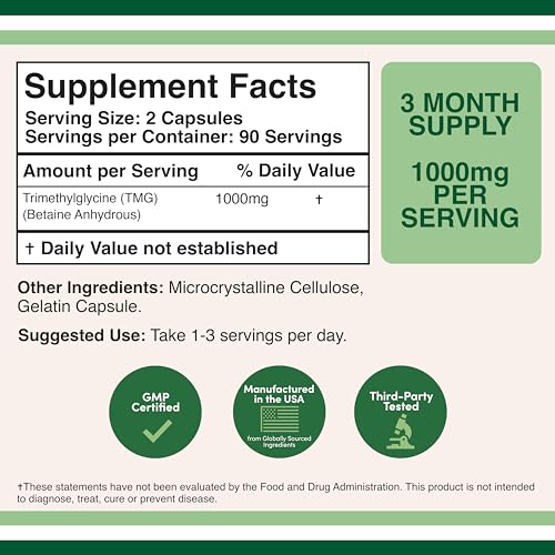 Double Wood Supplements TMG Trimethylglycine Supplement 1,000mg Per Serving, 180 Capsules (TMG Supplements for Homocysteine Control) Genuine TMG with Fishy Smell, Gluten Free, Non-GMO Double Wood Supplements