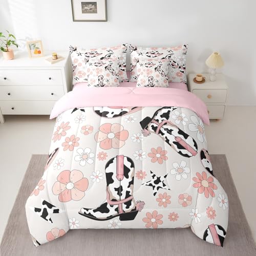 Erosebridal Western Cowgirl Twin Bedding Set for Girls,Pink Floral Milk Cow Print Comforter Set 7 Piece,Cowgirl Boot Hat Bed Set Farmhouse Flower Bed in a Bag with Fitted+Flat Sheet,Pillowcases Erosebridal