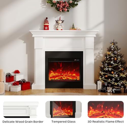 55" Electric Fireplace with Mantel | 1400W Faux Fireplace | Highly Realistic 3D Flame | 50-90℉ Adjustable Temp | Button & Remote Control | White Fireplace Mantel Surround | 55" W×13.5" D×44" H FODINGHILL
