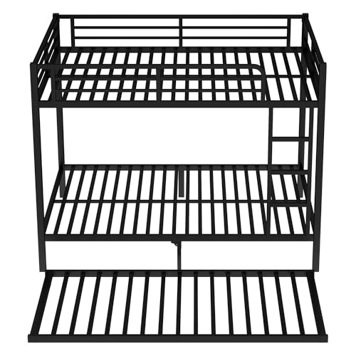 Bellemave Metal Bunk Bed with Trundle, Full Over Full Bunk Trundle and Guardrail and Ladder for Kids/Teenagers, Adults, No Box Spring Needed,Black Bellemave