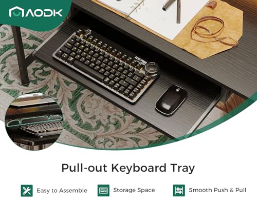 AODK 55 Inch Gaming Desk with Power Outlets & LED Light, Reversible Computer Desk with File Cabinet and Fabric Drawer, Office Desk with Keyboard Tray, Table with Full Monitor Riser and PC Stand, Black AODK