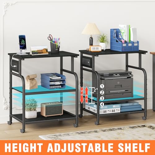 YAOHUOO 3 Tier Large Printer Stand with Power Outlet/Adjustable Storage Shelf, Rolling Cart with Wheels, Printer Table for Home Office 3D Printer/Heat Press/Laster, 22"×15" Black