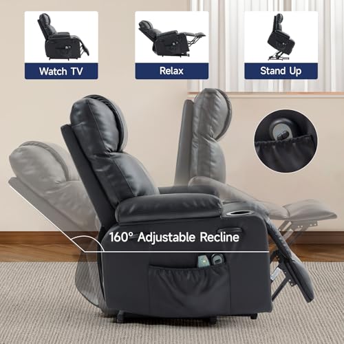 Brage Living Power Lift Recliner Chair for Elderly with Massage & Heat, 160° Adjustable PU Leather Electric Recliner with Remote, Cup Holders, Side Pockets, and Stand Assist for Living Room (Black)