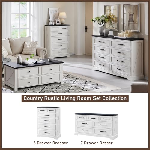 ACCOHOHO 6 Drawer Dresser, Farmhouse Chest of Drawers for Bedroom, 44" Tall Modern Dresser with Large Metal Handle, Wood Drawer Organizer for Living Room, Hallway, Closet - White ACCOHOHO