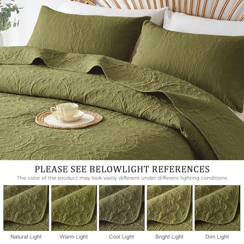 WURUIBO Olive Green Quilt Set Twin Size, Embossing Microfiber Bedspreads with Pillow Sham, Ligthweight Breathable Thin Coverlet, Reversible Bedding Set for All Season (1 Quilt, 1 Pillow Sham) WURUIBO