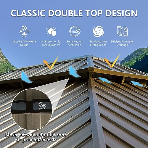 12' x 16' Hardtop Gazebo Outdoor Aluminum Gazebos Grill with Galvanized Steel Double Canopy for Patios Deck Backyard,Curtains&Netting by domi outdoor living Brown domi outdoor living