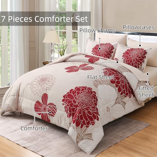 Yiran 7 Pieces Queen Comforter Set Red Floral Bed in a Bag Soft Microfiber Bedding Set 90"×90"(1 Comforter 1 Flat Sheet 1 Fitted Sheet 2 Pillowshams 2 Pillowcases) Yiran