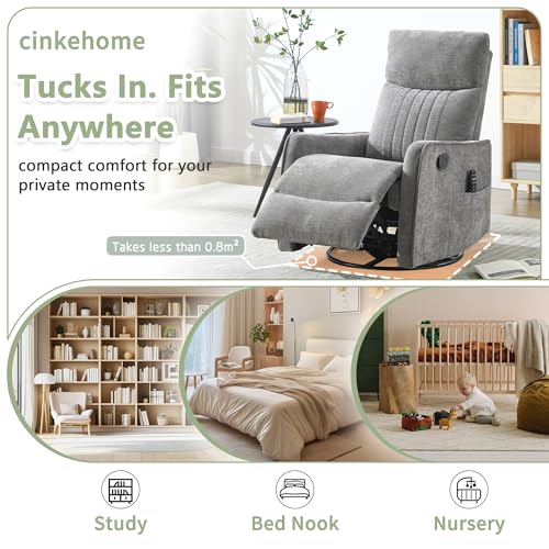 cinkehome Heated Massage Swivel Rocker Recliner Chair for Nursery - Small Space Reclining Chair with Lumbar Support, 360° Swivel & Gentle Rocking, Ergonomic High Back Chenille Fabric Gray