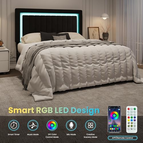 SHA CERLIN King Size Velvet Bed Frame with LED Light, Adjustable Vertical Channel Tufted Headboard, Strong Wooden Slats Support, Noise-Free, No Box Spring Needed, Black SHA CERLIN