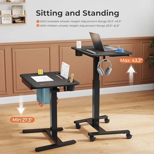 JYLH JOYSEEKER Mobile Standing Desk with Drawer, 28" Rolling Desk with Cup Holder and Hooks, Portable Laptop Workstation on Wheels, Height Adjustable Cart with Storage for Home Office, Black JYLH JOYSEEKER