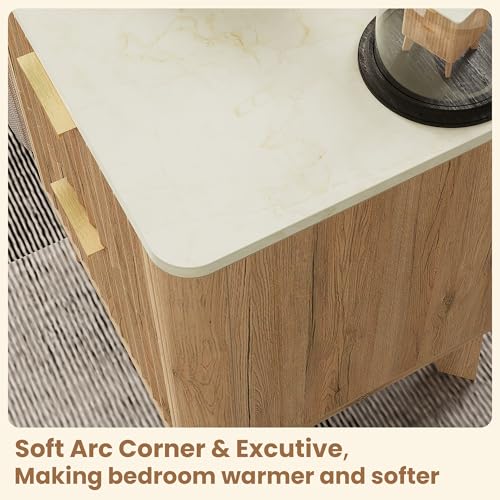 TROJM Fluted Nightstand Set of 2,Modern End Table with Faux Marble Top,2 Storage Drawers Side Table,Bedside Table for Bedroom, Living Room,Curved Profile Design Furnitue,Natural Oak TROJM