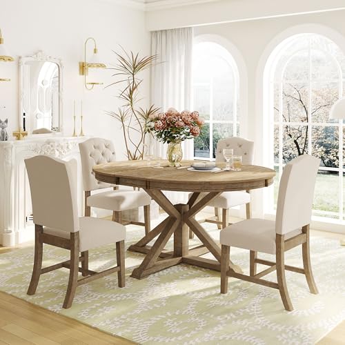 Bellemave Extendable Dining Table Set for 4, 5-Piece Round Table Set with 4 Chairs, Circle Table with Upholstered Chairs, Oval Kitchen Table Set with Extendable Table (Natural Wood Wash) Bellemave