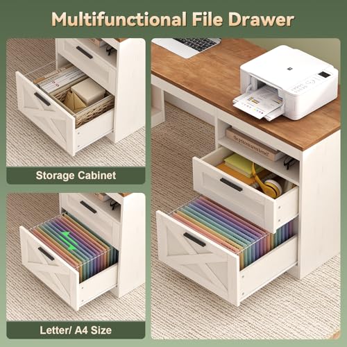 YOMILUVE Farmhouse L Shaped Standing Desk, 66 inch Corner Electric Standing Desk with Drawers & Storage Shelves, Height Adjustable Computer Desk with Power Outlets for Home Office, Antique White YOMILUVE