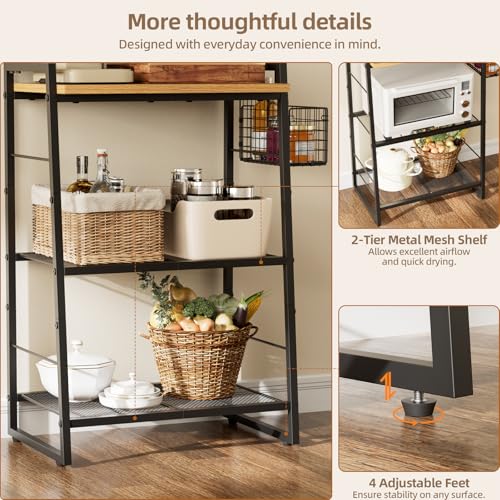 Anniper Bakers Rack with Foldable Basket, Large 4 Tiers Coffee Bar Station, Kitchen Microwave Stand with Storage, Metal Shelf Rack for Living Room, Office, Garage (Rustic Brown)