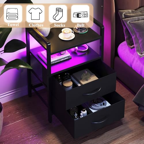 HONGOUZWL Night Stand with Charging Station, LED Nightstand with Storage 2 Shelfs & 2 Fabric Drawers, Morden End Table with U-S-B Ports & AC Outlets, Black HONGOUZWL