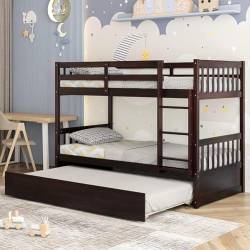 HOMGX Twin Over Twin Bunk Bed with Trundle, Wooden Removable Shelf Bunk Bed w/Ladder & Full Length Guardrail, Space-Saving Convertible Bunk Beds for Homes & Dorms (Espresso) WoodArtSupply
