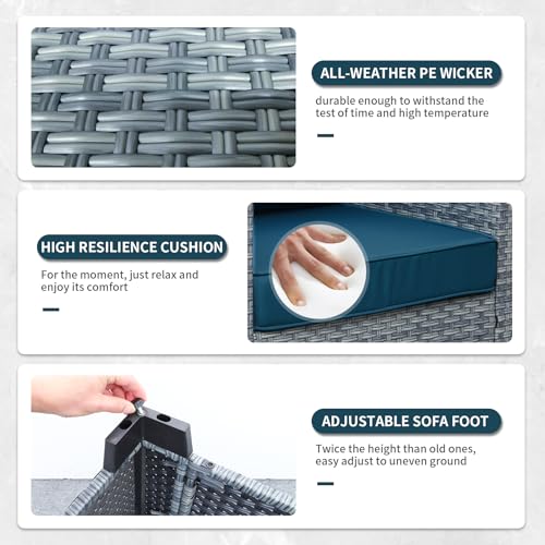 Lviden 5 Piece Wicker Patio Furniture Sets Outdoor Conversation Set, PE Rattan Sectional Sofa Couch with 45" Fire Pit Table and Non-slip Peacock Blue Cushions, Furniture Covers included Lviden