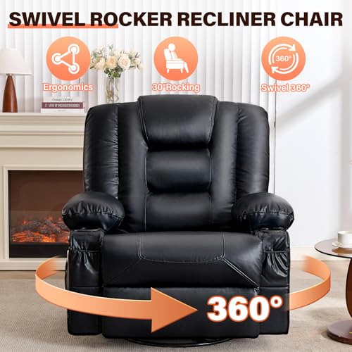 MAHOMICO Swivel Rocker Recliner Chair with Vibration Massage and Heat for Living Room,with Rocking Function and Side Pocket, PU Leather USB Charge Port,2 Cup Holders