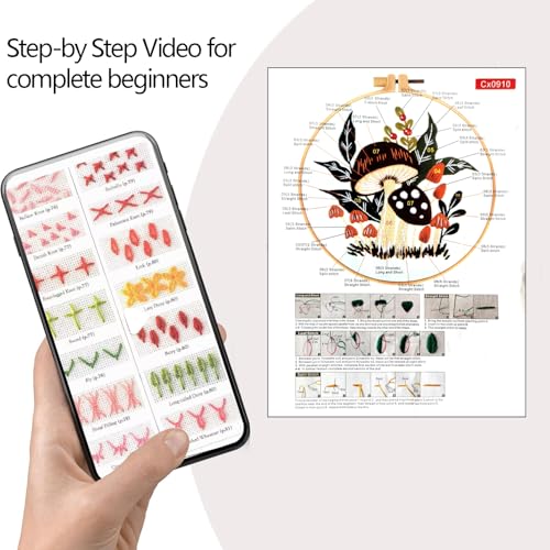 Zhenqing Woodland Mushroom Embroidery Kit for Beginners - 29x29cm Printed Fabric with Hoop & Full Tools(S-CX0910)