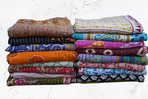 Boho Sanskriti Indian Quilt Vintage Bedspreads,Throws,Ralli, Lot Kantha Reversible Bedcover Bedspread Throw Cotton Blanket Gudari -Single Pieces, Twin Boho Sanskriti