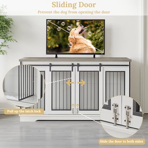 Rovibek 60inch Double Dog Crate Furniture, Wooden Dog Kennel Furniture TV Stand for 2 Dogs with Divider, Large Medium Small Dogs Indoor White Rovibek