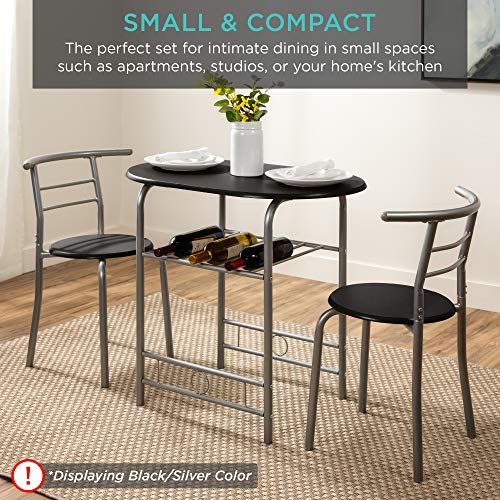 Best Choice Products 3-Piece Wooden Round Table & Chair Set for Kitchen, Dining Room, Compact Space w/Steel Frame, Built-in Wine Rack - Black/Brown Best Choice Products