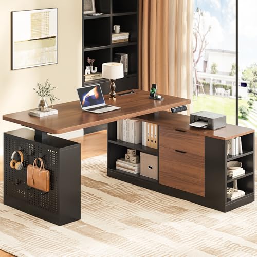UPOSOJA L Shaped Standing Desk Adjustable Height, 53" Electric Office Desk with File Drawers & Storage Shelves, Sit Stand Corner Computer Desk with Power Outlets, Pegboard, 6 Hooks, Black & Walnut UPOSOJA