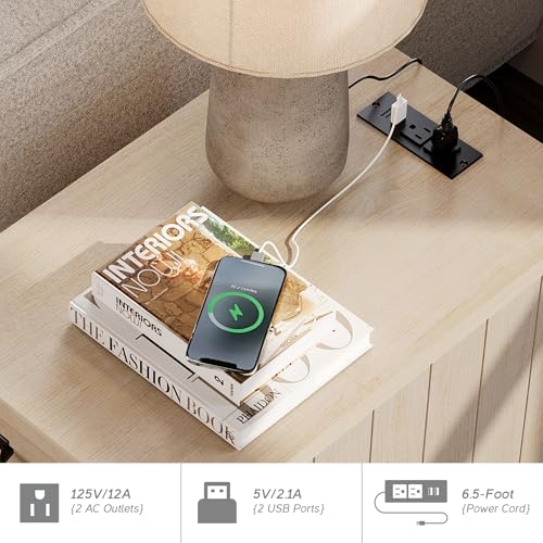 WAMPAT Beige End Table with Charging Station, Wooden Side Table with Storage Cabinet & Drawer, Elegant Nightstand with Power Outlets & USB Ports for Bedroom, Living Room WAMPAT