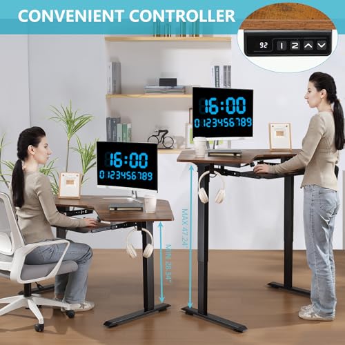 ETHU Electric L-Shape Standing Desk with Keyboard Tray, Height Adjustable 29-42 inches, Modern Style, Brown, For Home Office, Gaming, Work ETHU