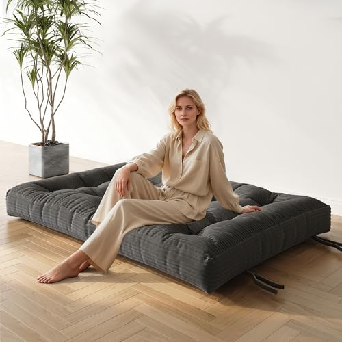 Furnify 6" Futon Mattress Queen Size, Futons Sofa Couch Bed with Straps, Thick Corduroy Fabric Floor Mattress for Adults, Foldable Mattress with Shredded Foam Filling (Frame Not Included), Grey Furnify