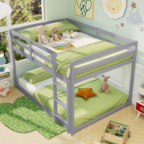 Giantex Full Over Full Bunk Bed, Solid Wood Kids Bunk Bed with Full-Length Guardrails, Integrated Ladder & Anti-Tippling Kits, Low Bunk Beds with Slats Support for Kids, Teens, Grey Giantex