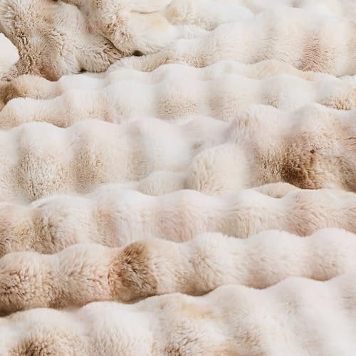 Wonderful 3 Pieces Fluffy Faux Rabbit Fur Bubble Comforter Set King Size, Tie-Dyeing Beige Plush Fuzzy Bedding Set, Warm Soft Bubble Comforter Bedding Set for Winter Wonderful