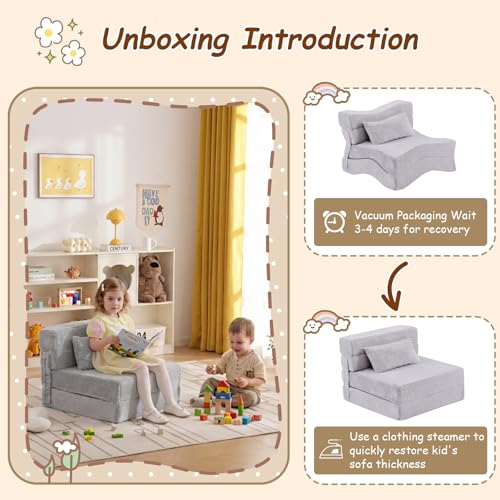 Givjoy Folding Sofa Bed Mattress for Kids with Pillow, Toddler Washable Folding Floor Mat for Daycare, Child Fold Up Sofa Futon Chair Bed with Storage Bag for Playroom, Camping, Girls and Boys, Grey Givjoy