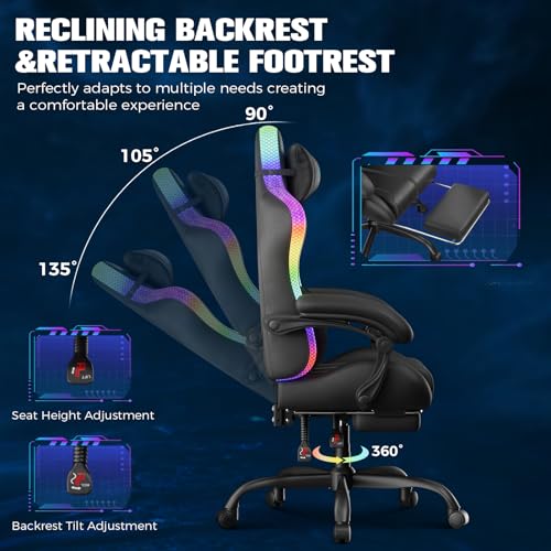 GTPLAYER Gaming Chair, Computer Chair with RGB LED Lights, High Back Ergonomic Chair for Adults with Footrest, Reclining Office Chairs, Linkage Armrest, Black GTPLAYER