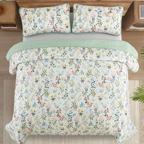 Anibedding Floral Quilt Set Twin Size,2 Pieces Flower Parrten Bedspread Coverlet,Garden Style Soft Lightweight Micorfiber Bedding Set with 1 Pillowcases for All Seaaon(68"×86",Green) Anibedding