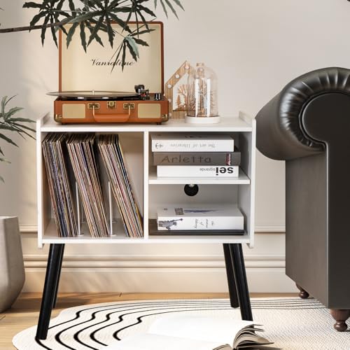 BEROXII Record Player Stand, Mid-Century Record Player Table with Storage Hold Up to 150 Albums , Vinyl Record Cabinet with Adjustable Shelves , Wood Turntable Stand for Living Room Bedroom, (White) BEROXII