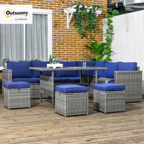 Outsunny Wicker Outdoor Patio Furniture Set, L-Shaped 7 Piece Outdoor Dining Sectional Sofa with Dining Table and Chair, Storage Loveseat, Ottomans and Cushions, Dark Blue Outsunny