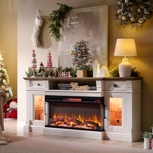 OKD 70" Fireplace TV Stand with 36" 3-Sided Glass Electric Fireplace & LED Lights, Modern Farmhouse Entertainment Center for TVs up to 80", Media Console w/Storage Drawer & Glass Door, Antique White OKD