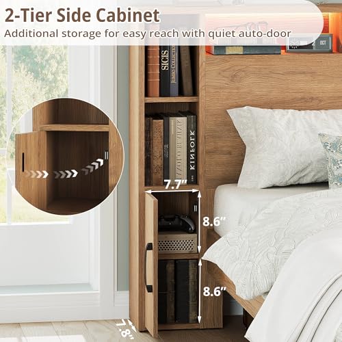 LIKIMIO Queen Bed Frame, Storage Headboard with Charging Station & LED Lights, 7 Open Shelves, 2 Side Cabinets, Storage Platform Bed, Easy Assembly, No Box Spring Needed, Natural Color LIKIMIO