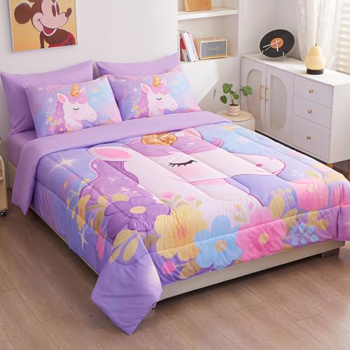 ZUEXVOFY Twin Comforter Set for Girls 5 Piece Purple Unicorn Bedding Set for Girls Super Soft Microfiber Bed Set Bed in a Bag with Comforter Sheets Pillowcase & Sham ZUEXVOFY