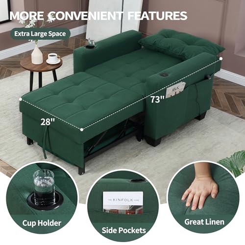 DURASPACE Futon Sofa Bed, 3 in 1 Convertible Sofa Chair Bed, Adjustable Backrest Chair, Chaise Lounge with USB Ports, Cup Holder, Side Pocket, Storage Box (Green) DURASPACE