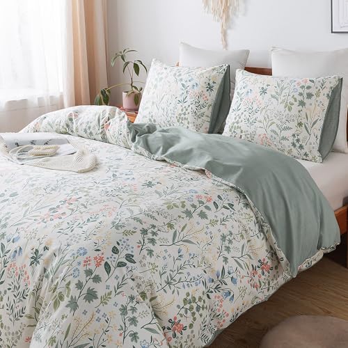 HoneiLife Duvet Cover Queen Size - 100% Cotton Comforter Floral Breathable Duvet Cover with Zipper Closure & Corner Ties,3pcs Wildflower Comforter Cover Sets- Fragrant Grass HoneiLife