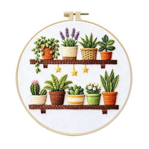 Zhenqing Plant Shelf Embroidery Kit for Beginners, Pre-Printed 29x29cm Circular Cotton Fabric with 20cm Hoop, Cozy Indoor Garden Design for Home Decor (JC0016)