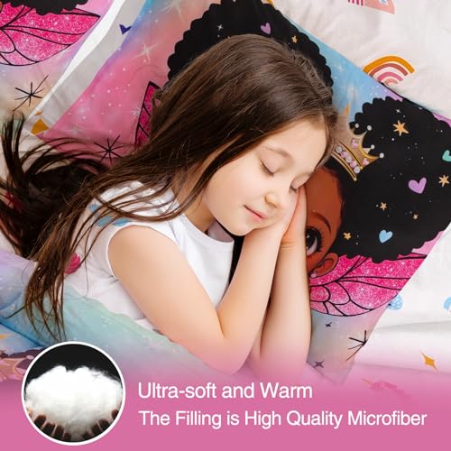 A Nice Night Black Girl Princess with Wings Comforter Set,Pink Gradient Glitter Rainbow Galaxy 6pcs Kids Bedding Set,Twin A Nice Night
