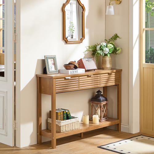 LEYAOYAO Fluted 47.2" Console Table with 3 Drawers, Modern Wood 2 Tier Entryway Table with Open Storage Shelf, Boho Sofa Entry Tables Behind Couch for Living Room, Hallway, Entrance Foyer, Tea Brown LEYAOYAO