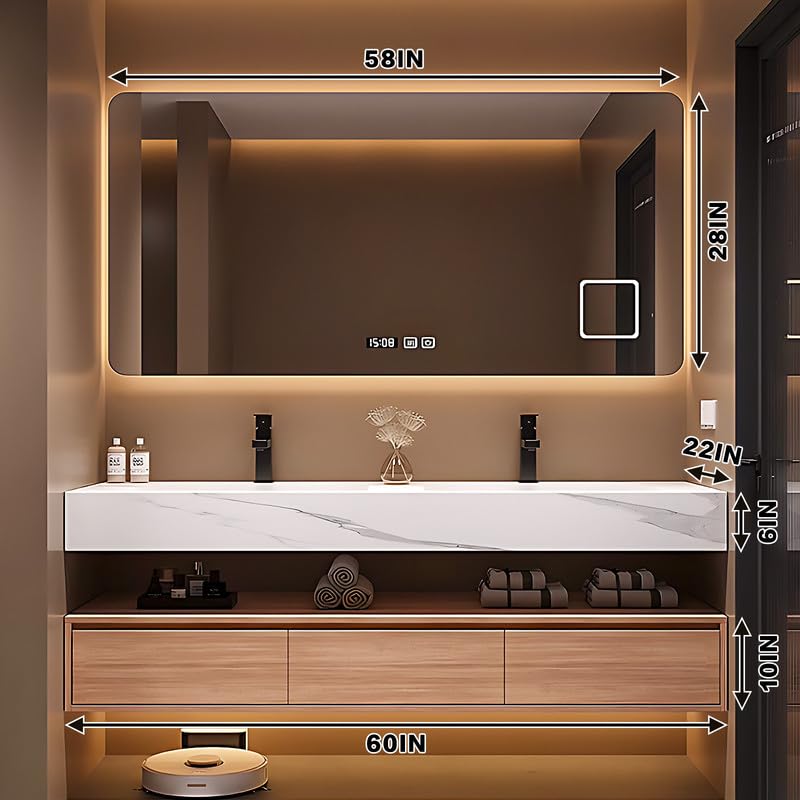 High QLO Bathroom Vanity Double Sinks Set - Floating Log Color Classic Design Bathroom Vanity Includes Three Large Drawers | Open Storage Rack & Time Display Mirror,Double Basins(60IN) High QLO