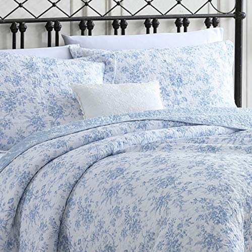 Laura Ashley - Full/Queen Quilt Set, Reversible Cotton Bedding with Matching Sham, Medium-Weight for Year Round Use, Floral Print Bed Set (Walled Garden Blue) Laura Ashley