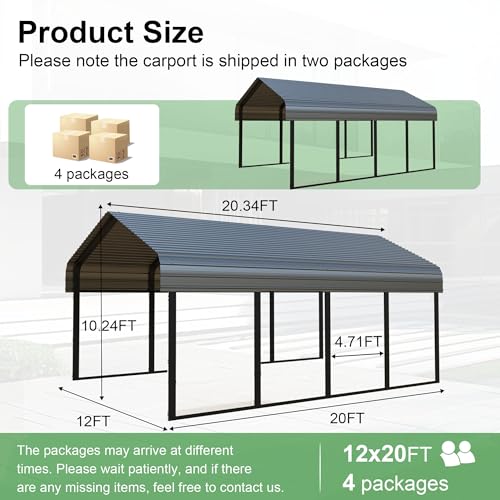 RITERYIFER 12x20 FT Heavy Duty Carport, Black Metal Carports Kits for Garage - Aluminum Car Ports with Steel Shelter Frame Cover for 1 Car or Boats RITERYIFER